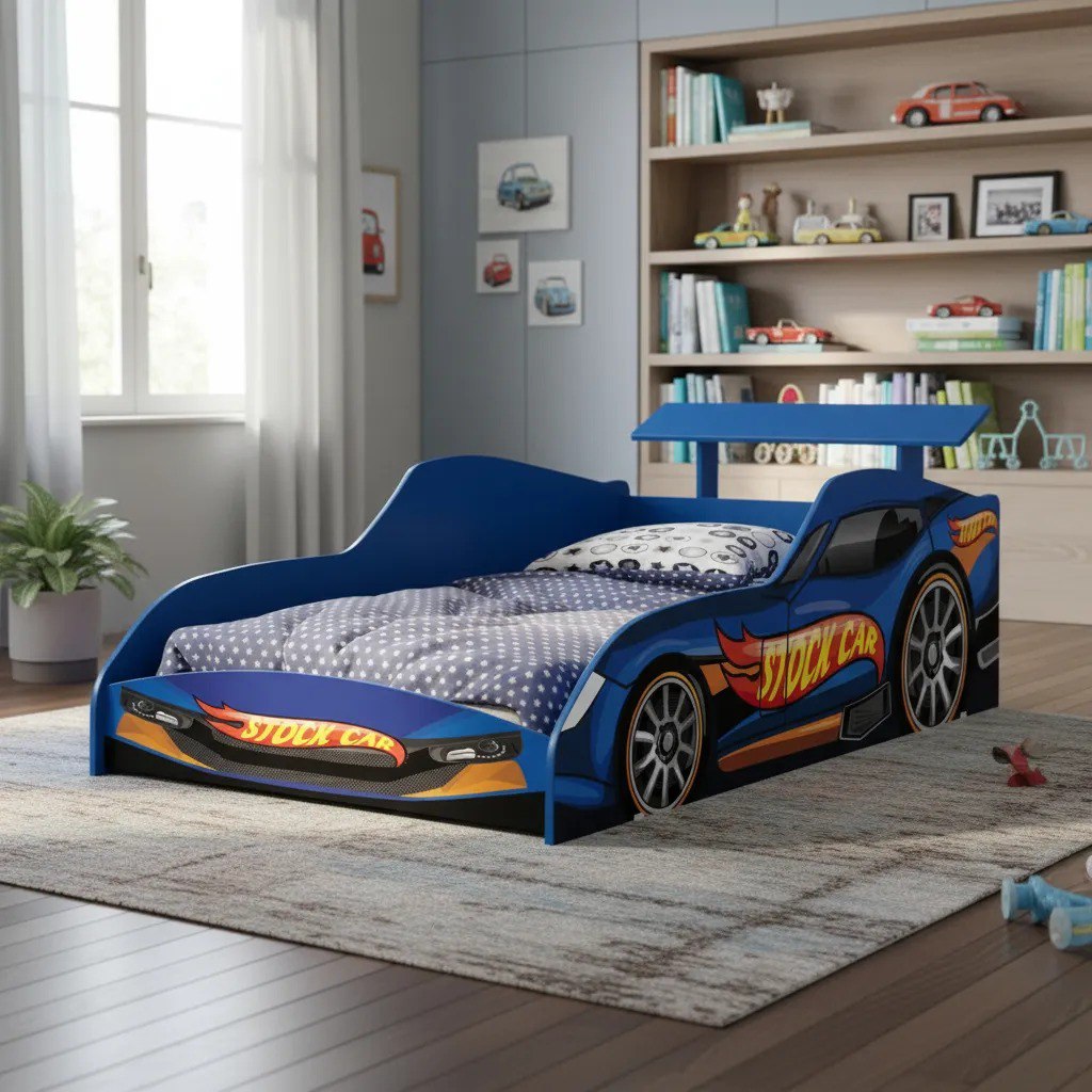Cama Solteiro Infantil Carros Stockcar Azul Meninos