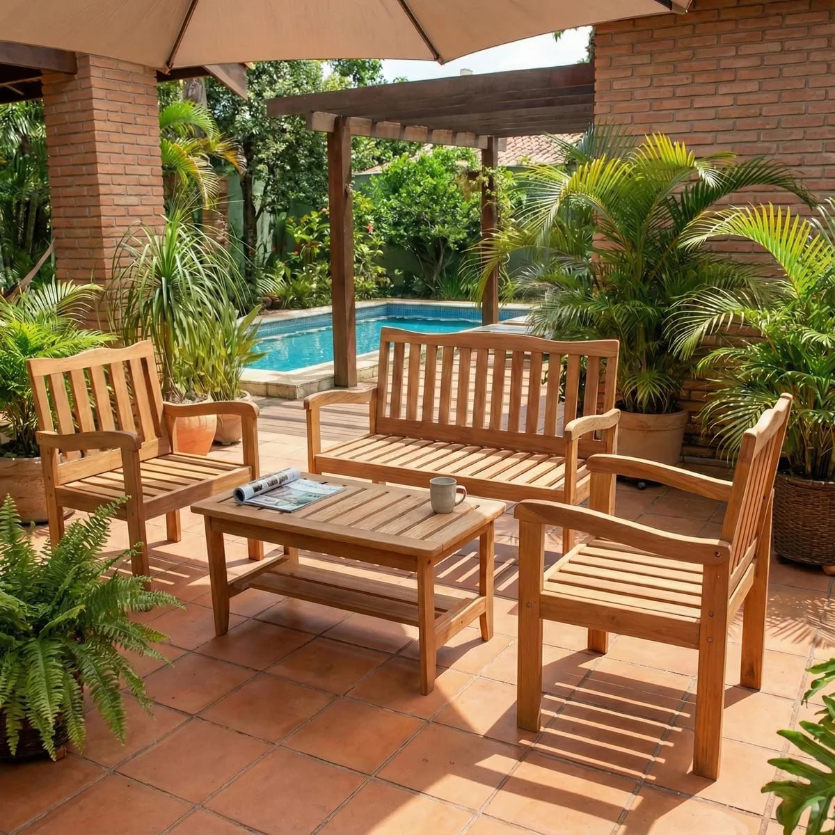 Conjunto Jardim Madeira Eucalipto 4 Peças Yescasa Mesa Centro Marrom