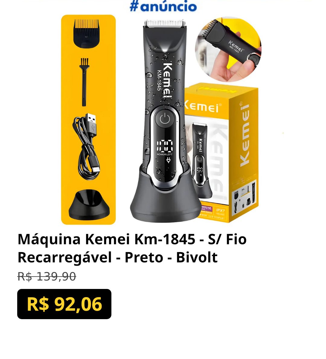 Máquina Kemei Km-1845 - S/ Fio Recarregável - Preto - Bivolt