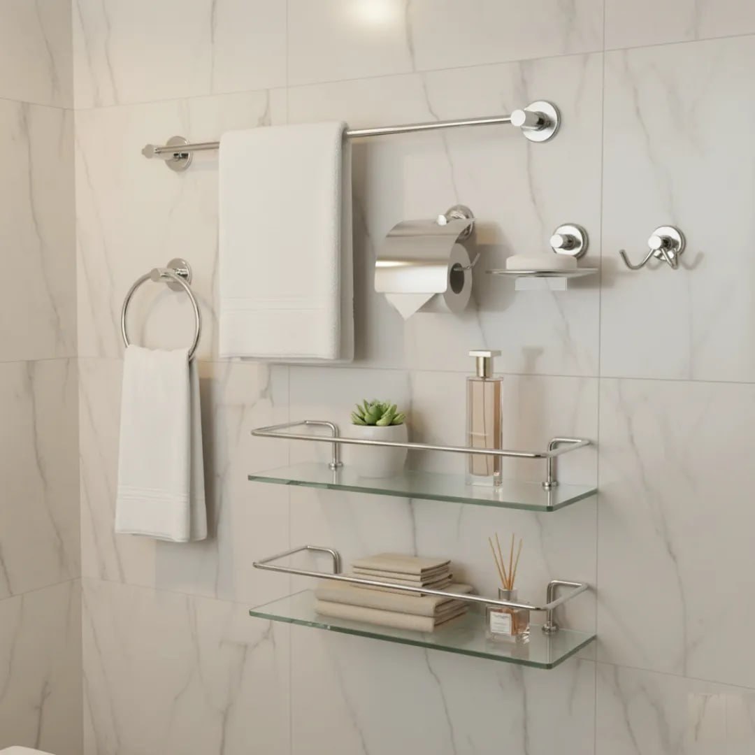 Kit Acessórios Banheiro Inox 5 peças + 1 Porta Shampoo Reto Cor Prateado