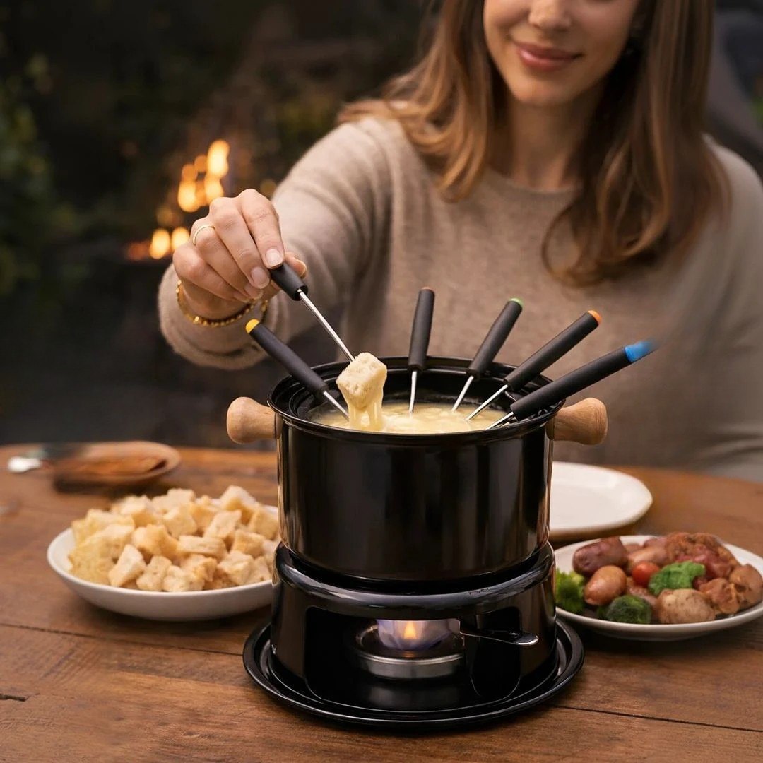 Fondue Chocolate Queijo Panela Aparelho Conjunto 12 Peças Preto Fogareiro