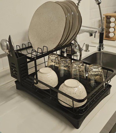 Escorredor de Louça Organizador de Pia Rack de Cozinha Duplo Aço Carbono Com Porta Copos Talheres
