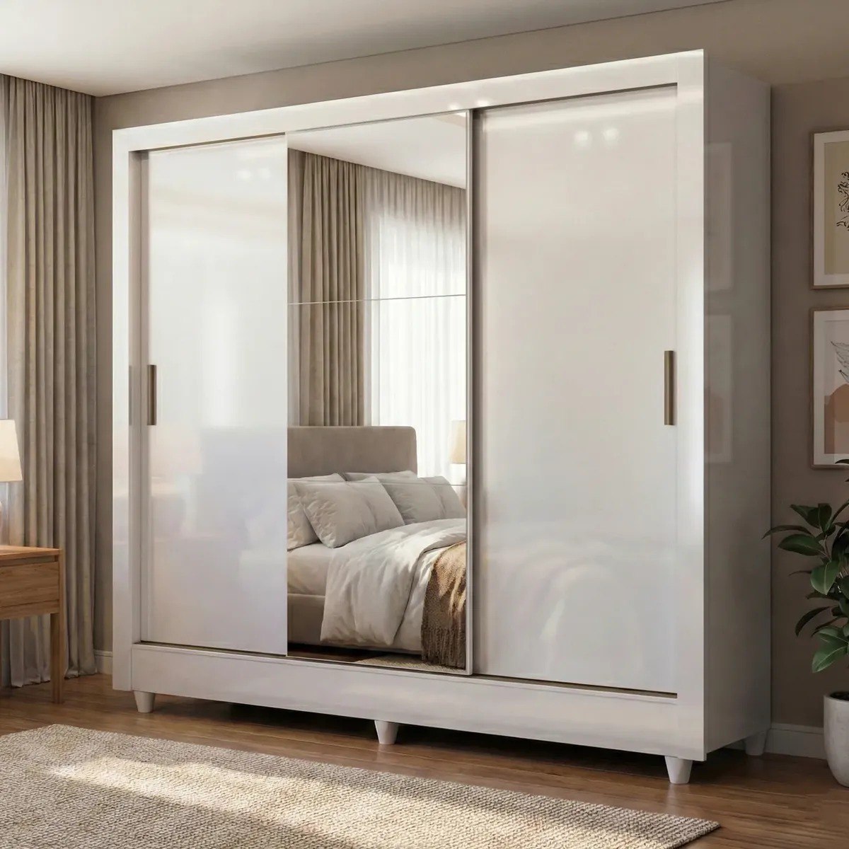 Guarda-roupa 3 Portas De Correr Com Espelho Roma Gewt Branco