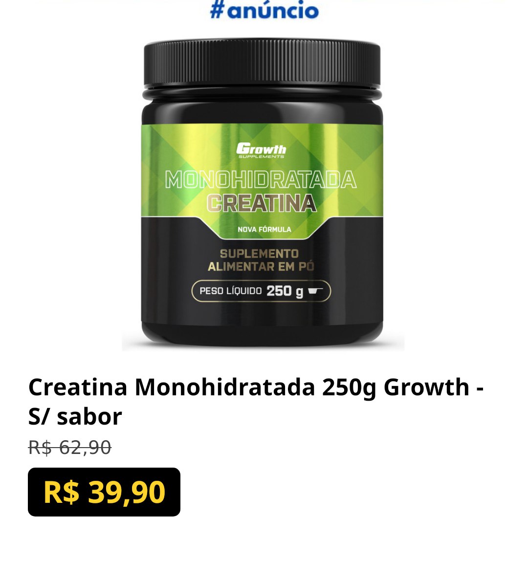 Creatina Monohidratada 250g Growth - S/ sabor