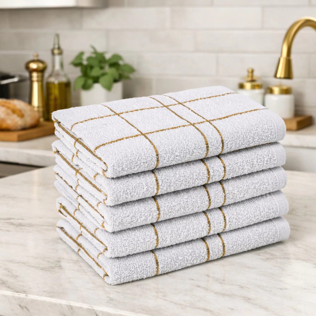 Pano Prato Cozinha Xadrez Branco c/ Dourado Grande