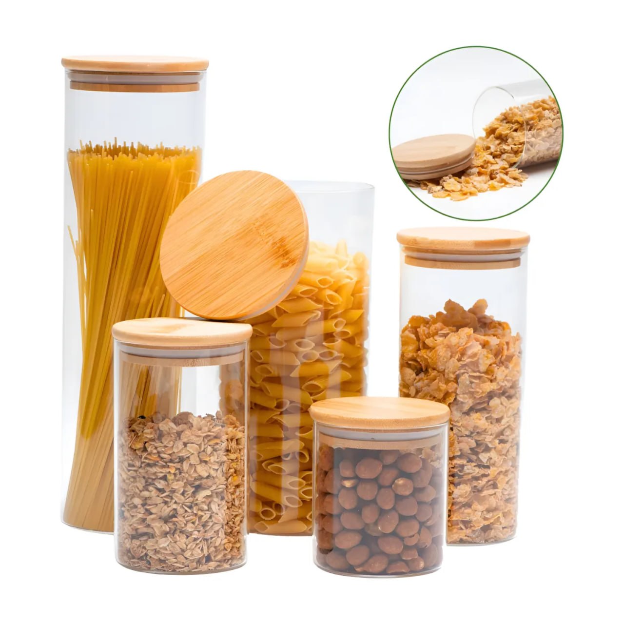 Kit 5 Potes Herméticos Mantimentos Tampa De Bambu Resistente Transparente