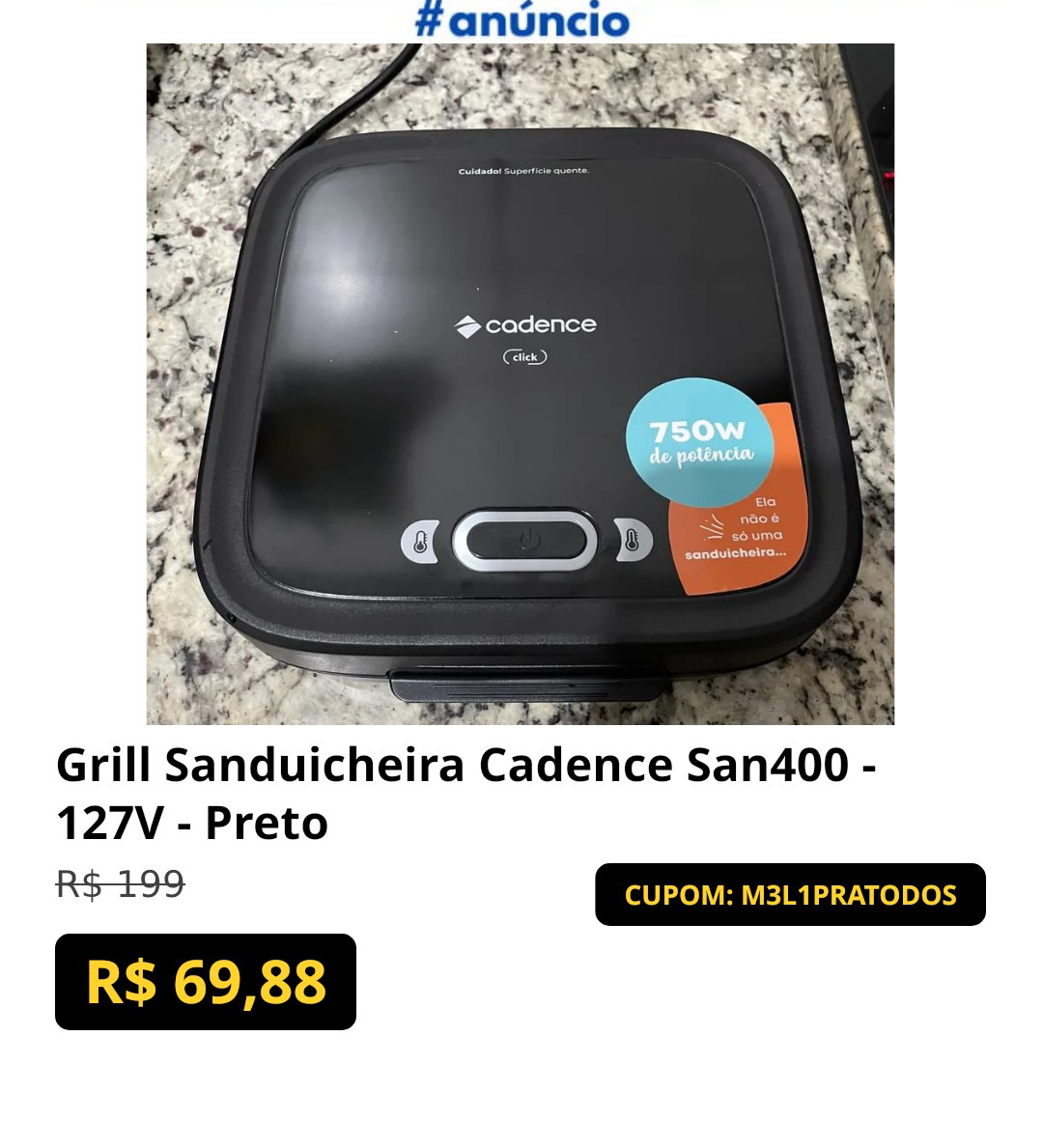 Grill Sanduicheira Cadence San400 - 127V - Preto