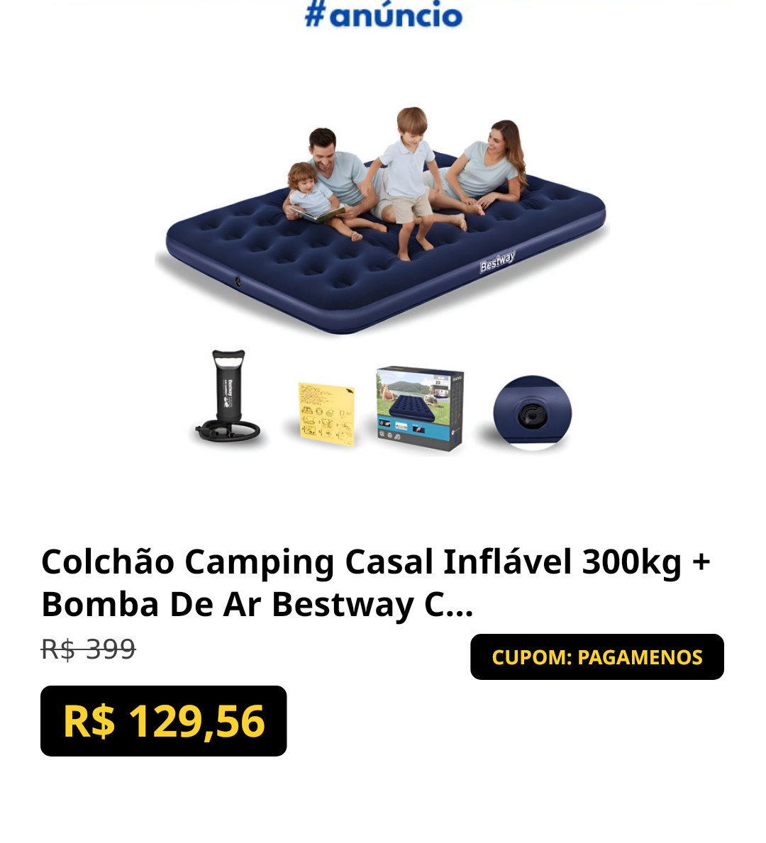 Colchão Camping Casal Inflável 300kg + Bomba De Ar Bestway Cor Azul