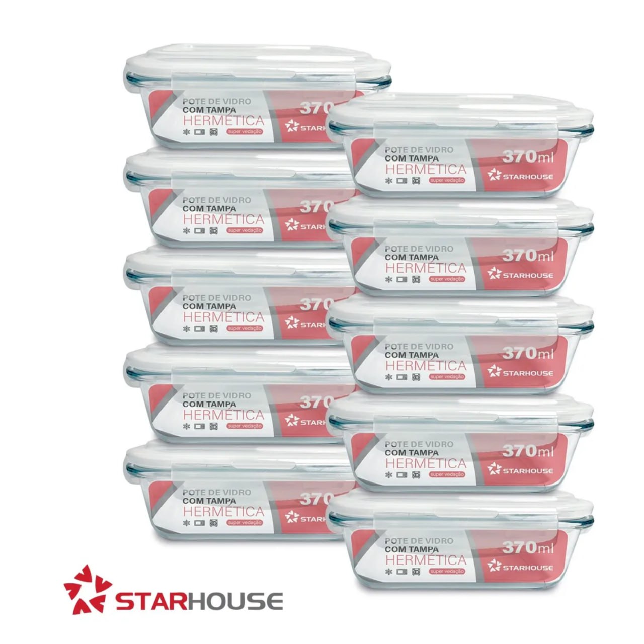 Kit 10 Potes Vidro 370ml Hermético Marmita Forno Refratário Star House