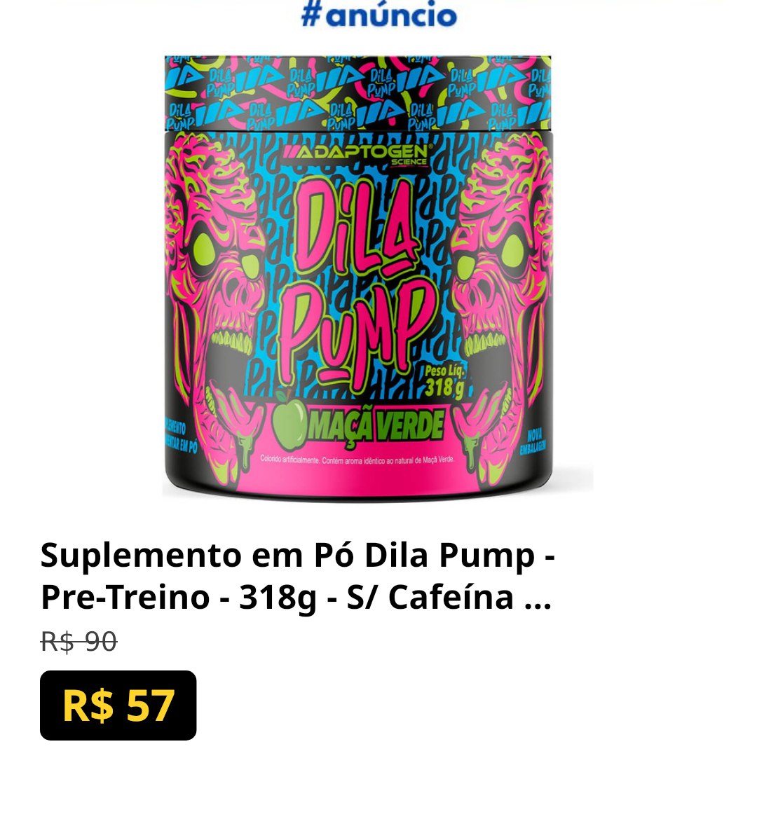 Suplemento em Pó Dila Pump - Pre-Treino - 318g - S/ Cafeína - Adaptogen