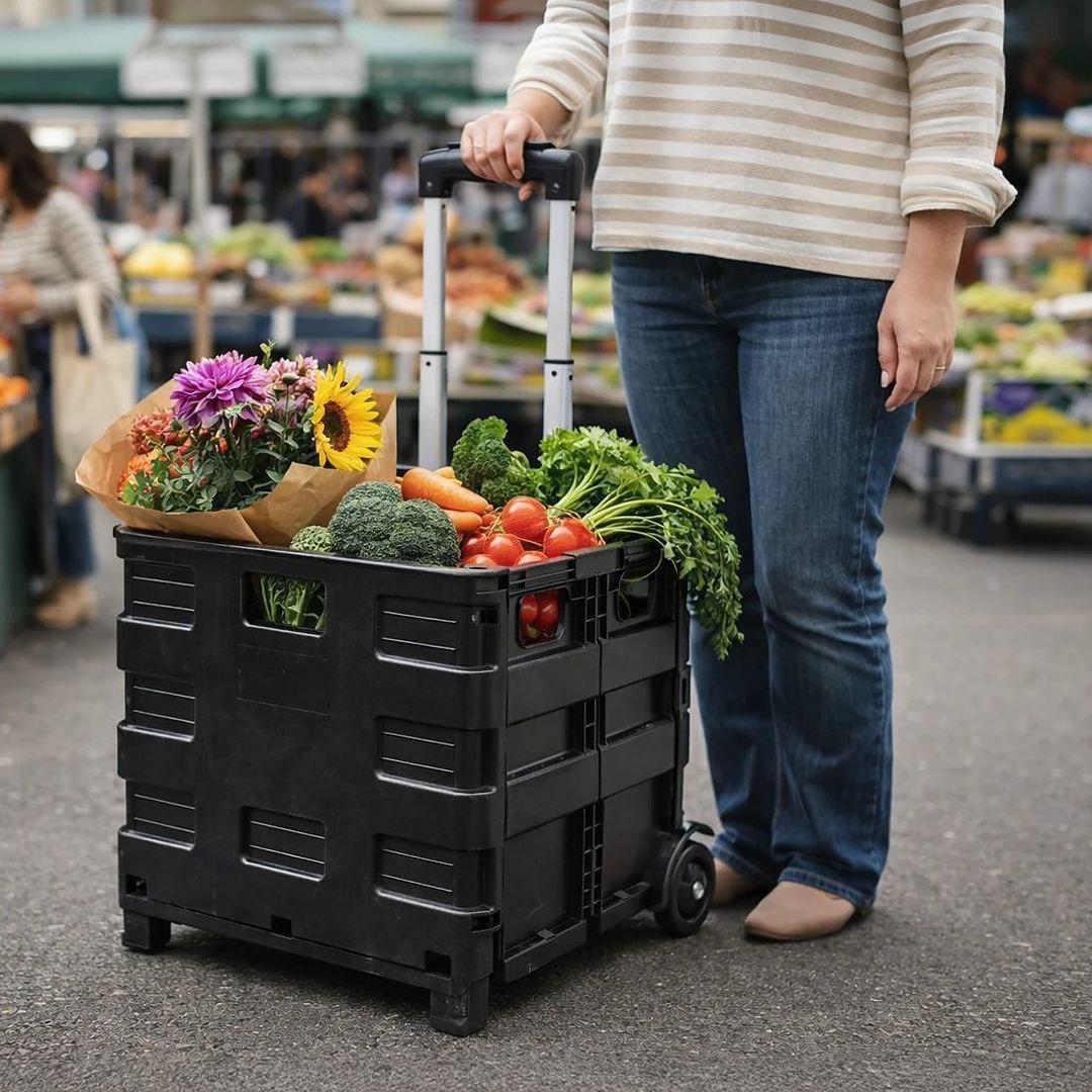 Carrinho Dobrável Multiuso Portátil Vira Maleta Cesto Feira Preto