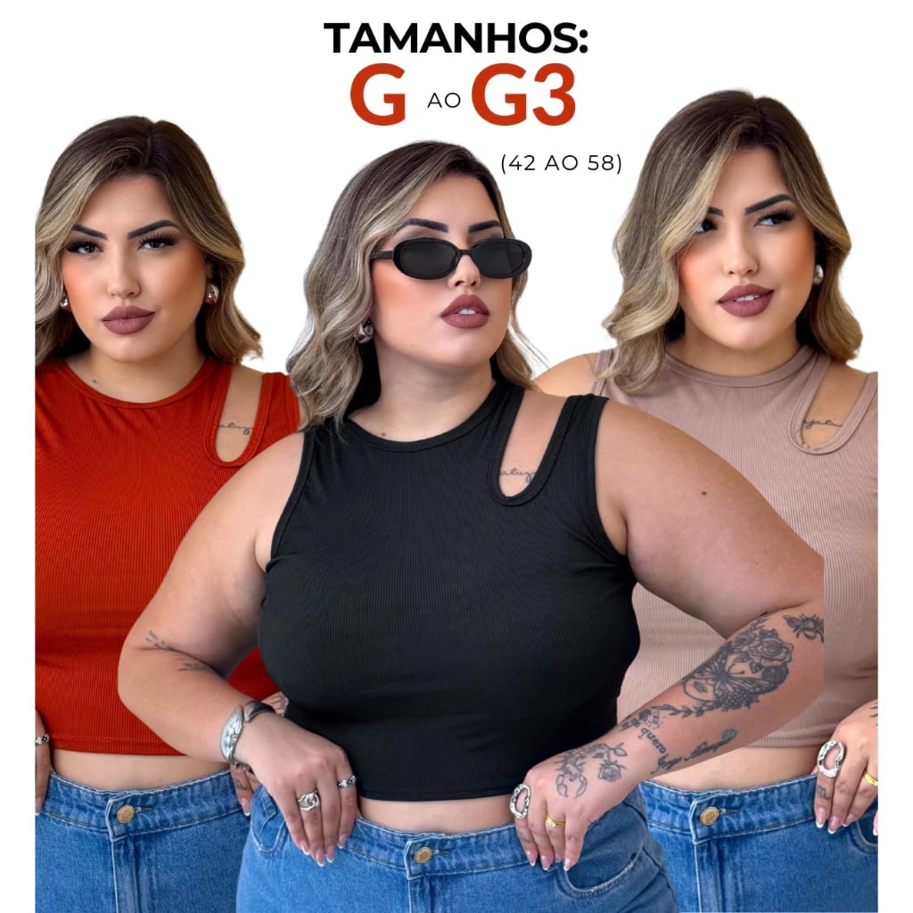 PAZME Plus Size Top Regata Alça Dupla Ombro Vazado-Tam: G ao G3 (3 peças)