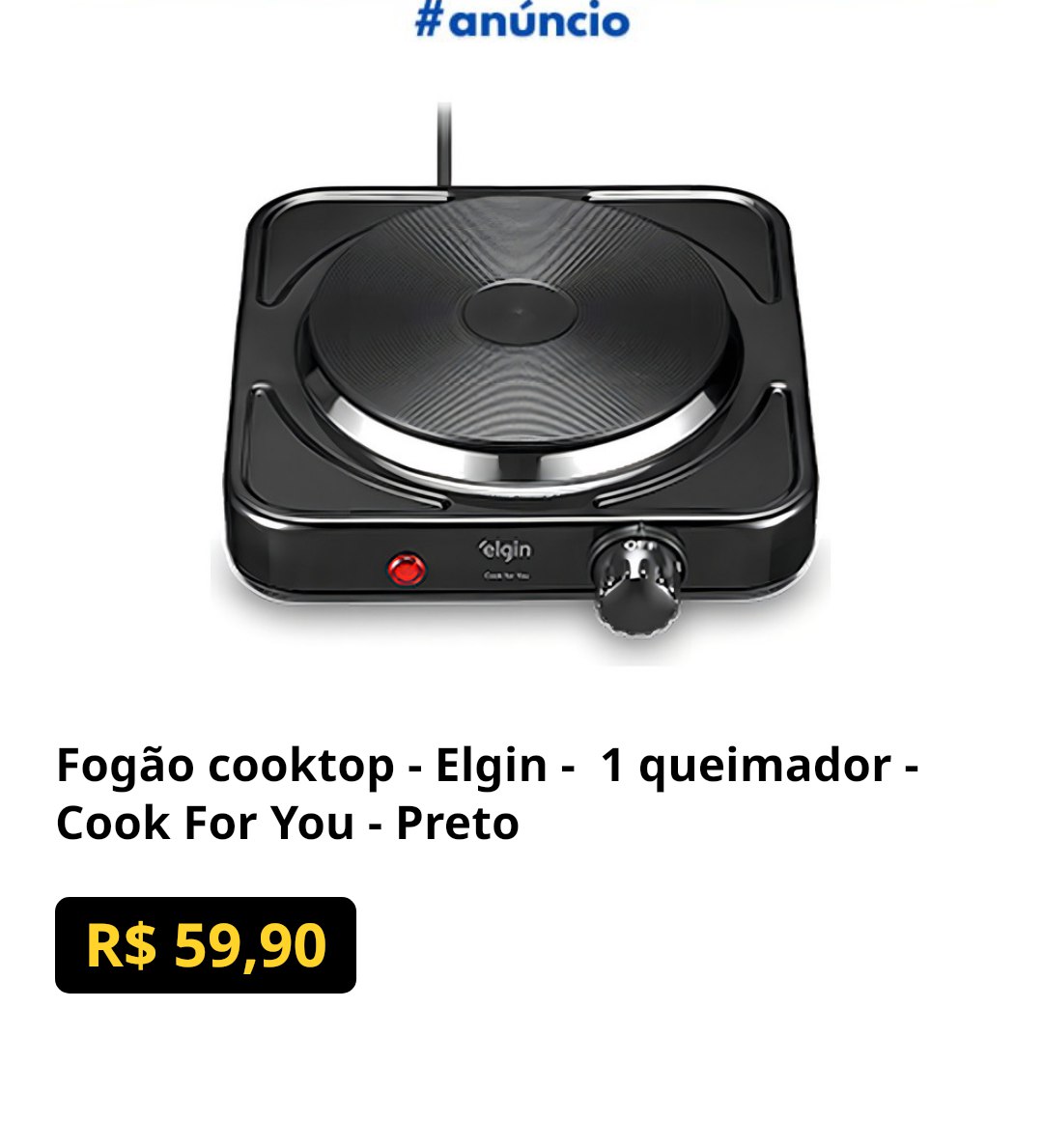 Fogão cooktop - Elgin - 1 queimador - Cook For You - Preto