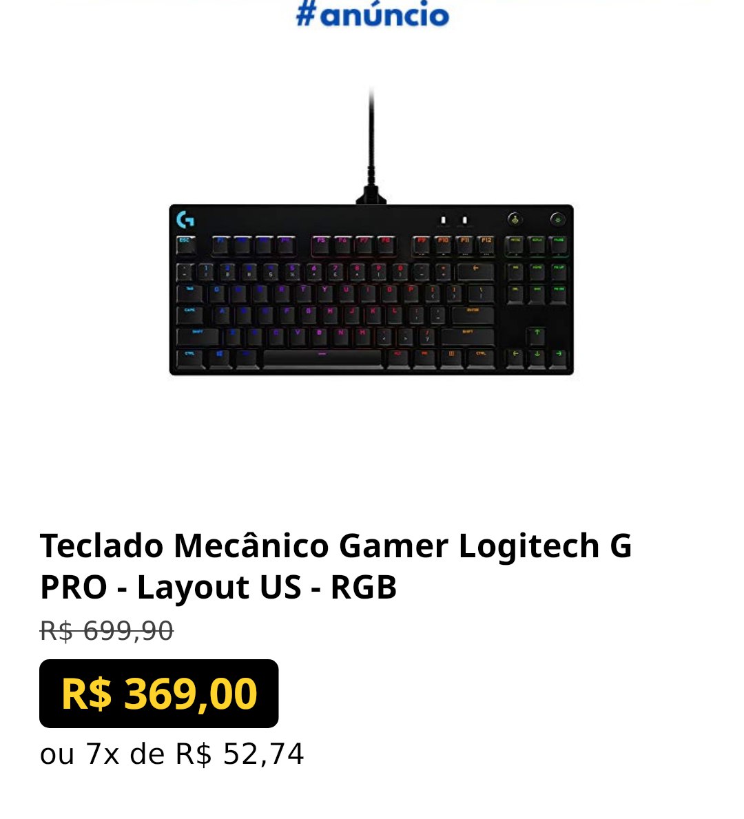 Teclado Mecânico Gamer Logitech G PRO - Layout US - RGB