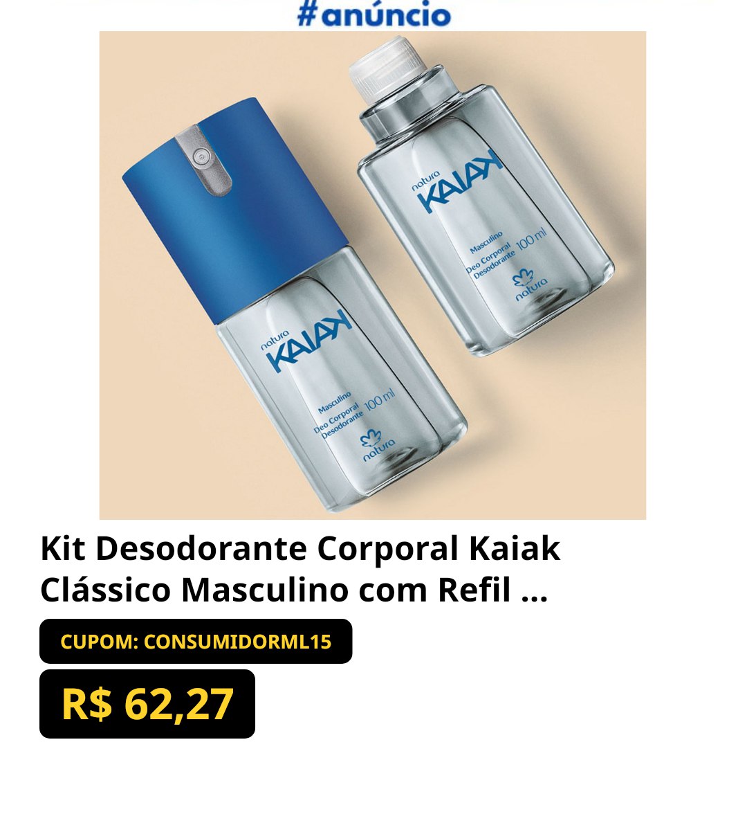 Kit Desodorante Corporal Kaiak Clássico Masculino com Refil 2 unidades de 100 ml