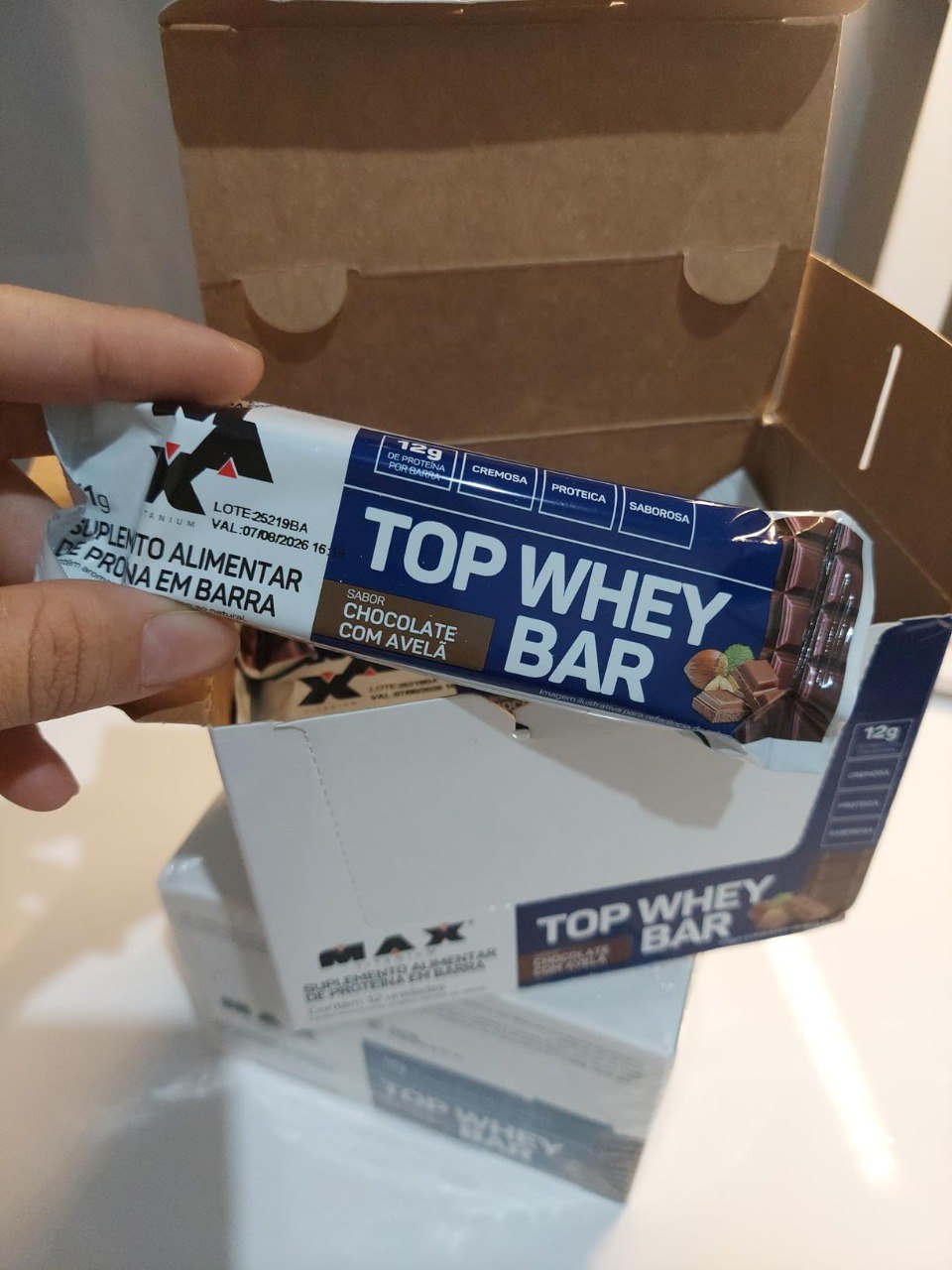 Top Whey Bar (Display 12 unid. 41g), Chocolate e Avelã, Max Titanium