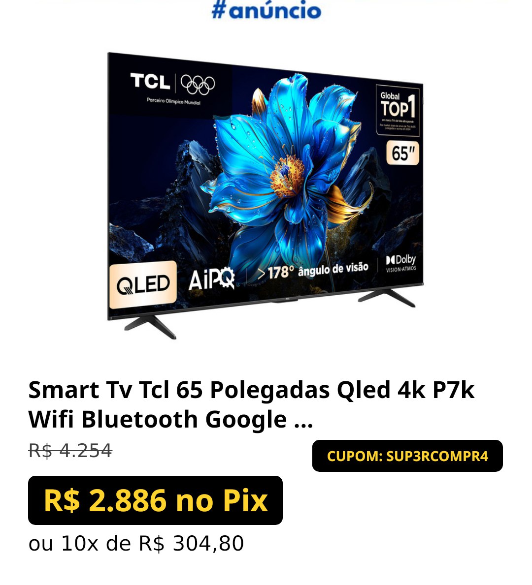 Smart Tv Tcl 65 Polegadas Qled 4k P7k