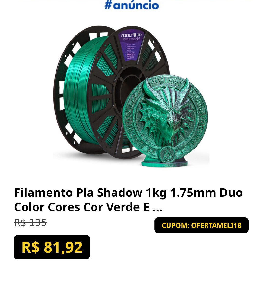 Filamento Pla Shadow 1kg 1.75mm Duo Color Cores Cor Verde E Preto V-silk