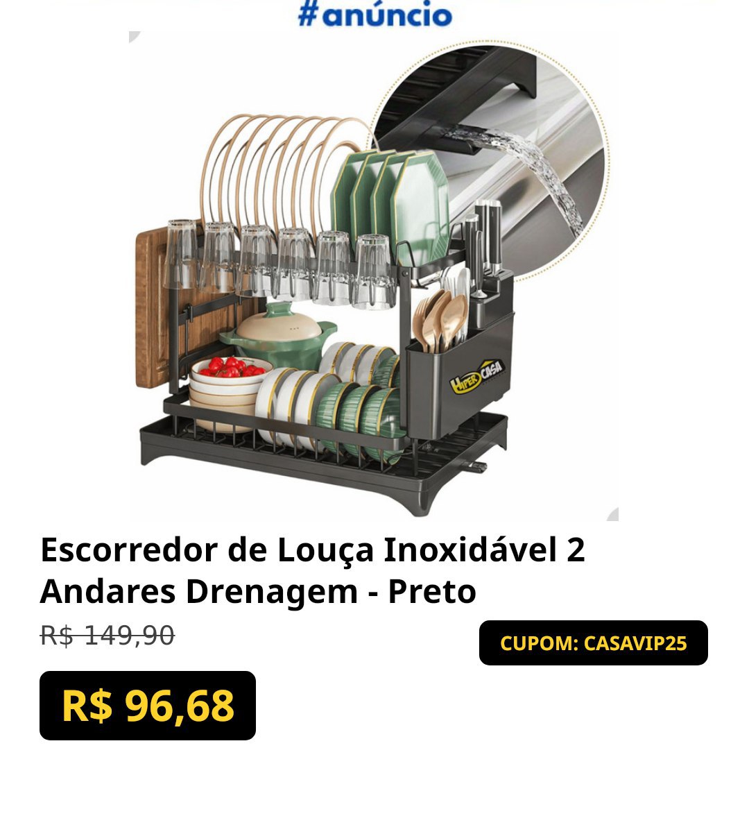 Escorredor de Louça Inoxidável 2 Andares Drenagem - Preto