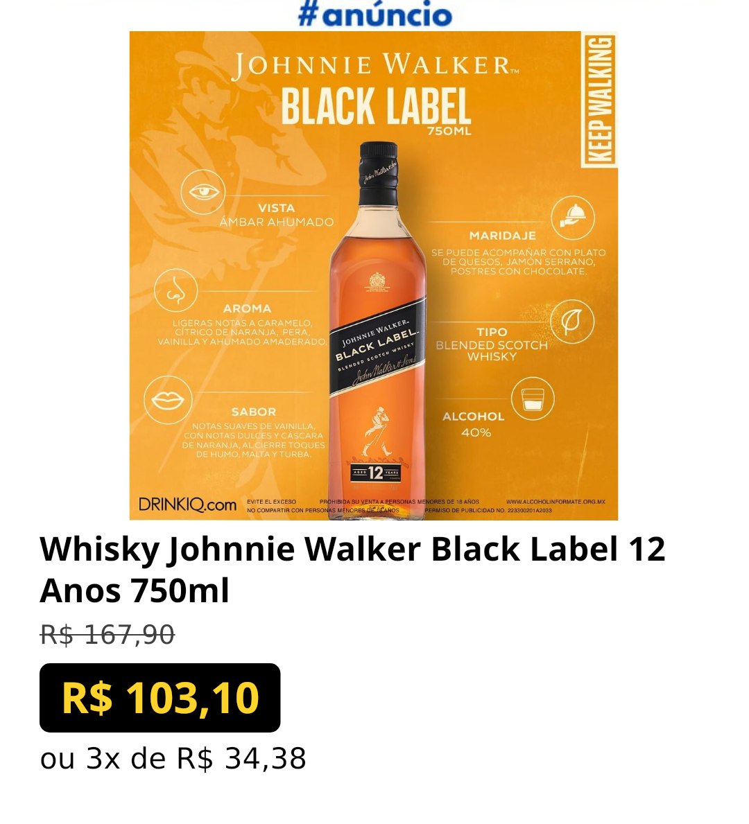 Whisky Johnnie Walker Black Label 12 Anos 750ml