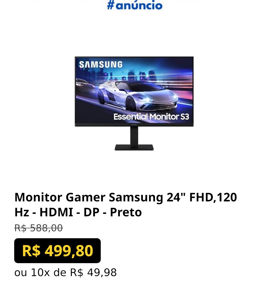 Monitor Gamer Samsung 24" FHD,120 Hz - HDMI - DP - Preto