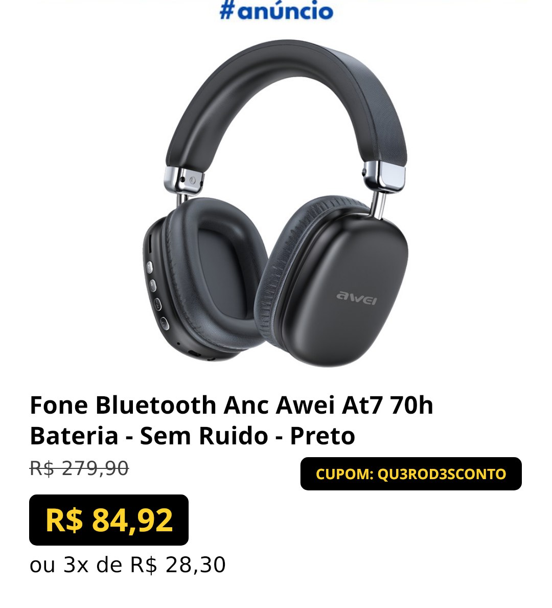 Fone Bluetooth Anc Awei At7