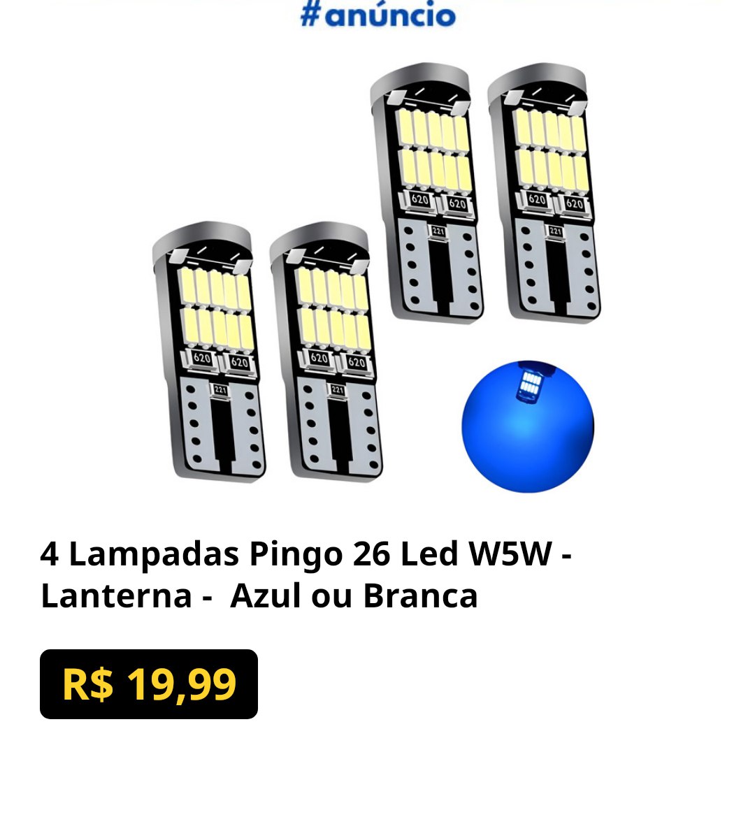 Lampadas Pingo 26 Led W5W - Lanterna - Azul ou Branca