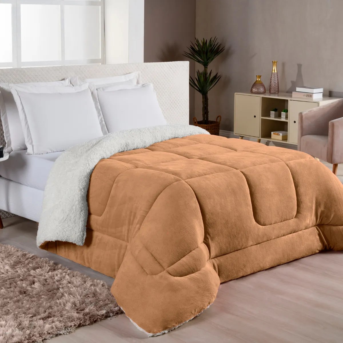 Edredom Sherpa Cobertor E Coberdrom Casal Queen Grosso Cores Avelã Lisa