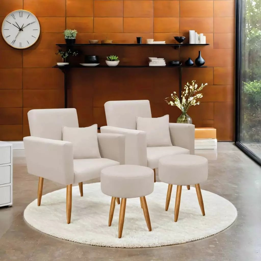 Kit 02 Poltronas Decorativas para Sala Nina com Almofadas e 02 Puff Redondo Suede Aninha Decor