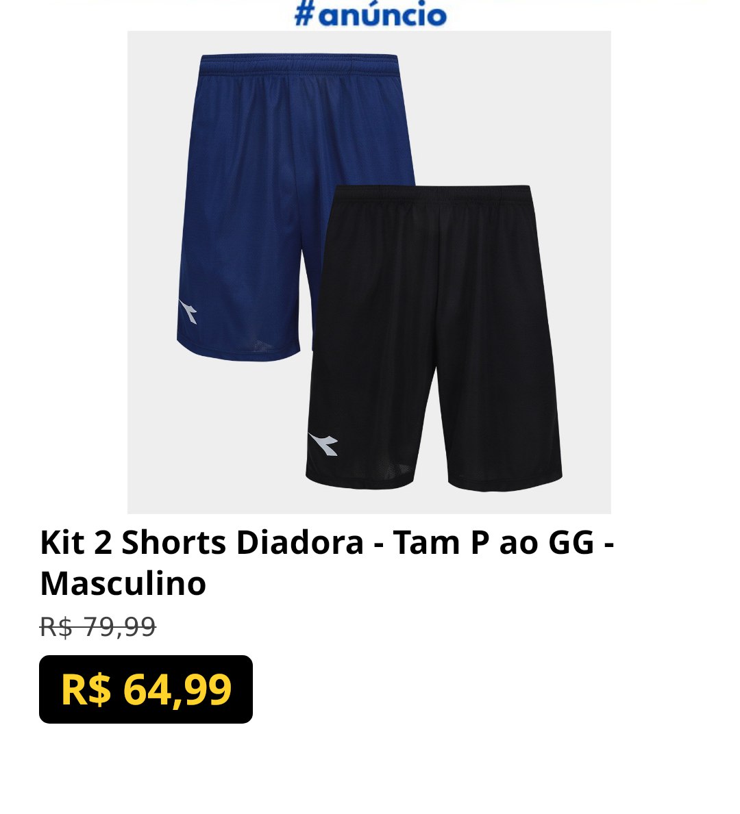 Kit 2 Shorts Diadora - Tam P ao GG - Masculino