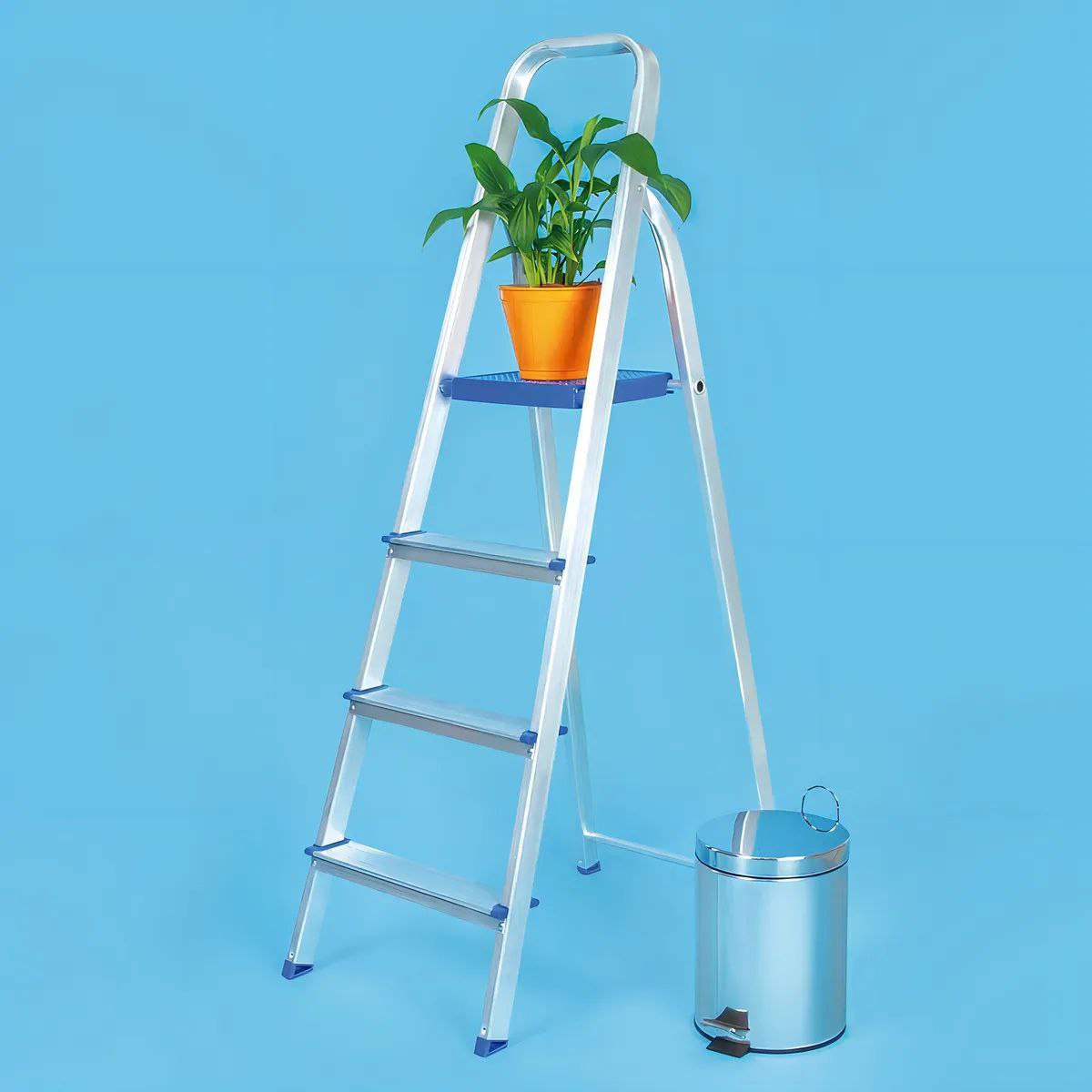 Escada Alumínio 4 Degraus Mor Prateado/azul