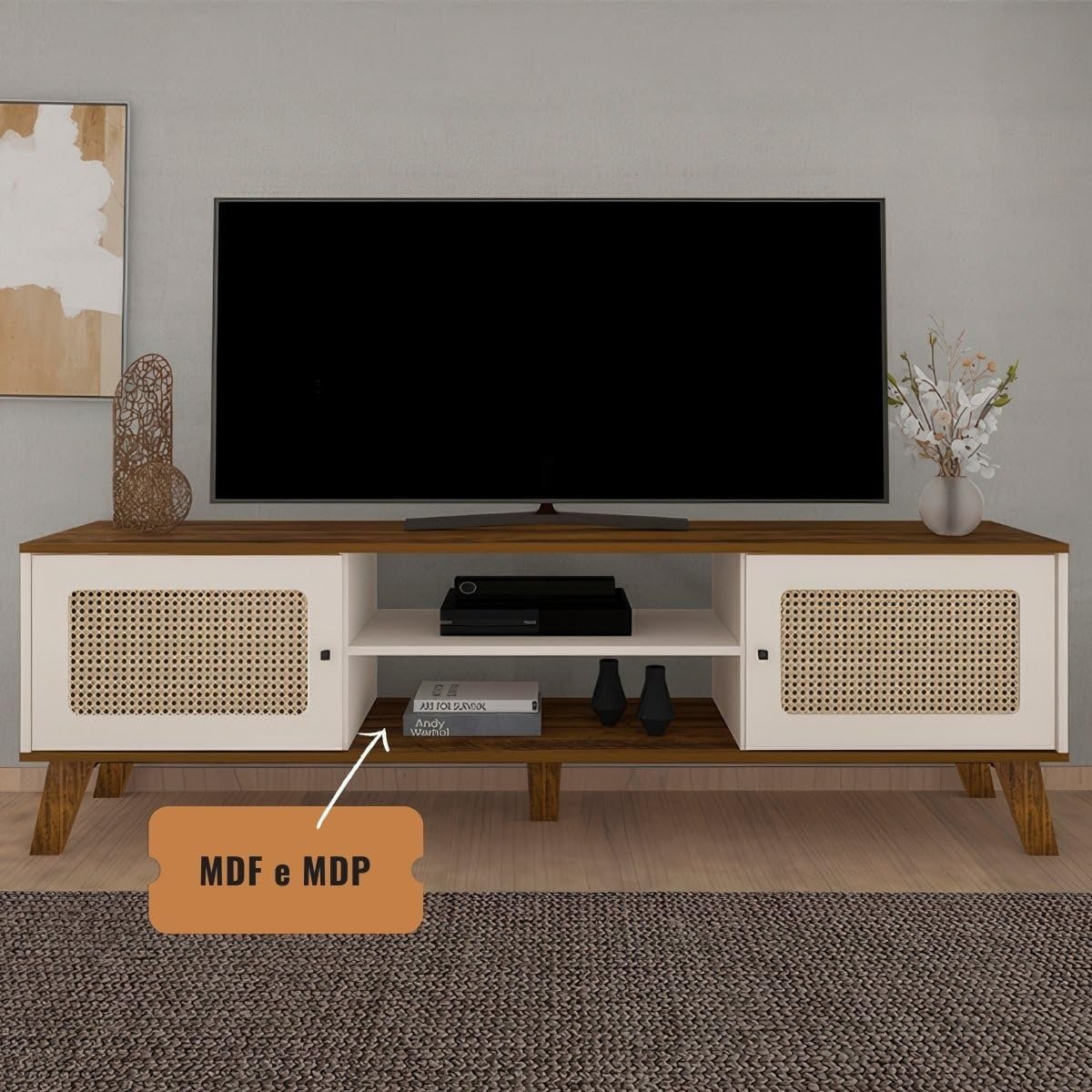 Rack para Tv ate 75" com 2 portas CHARLOTTE cor Pinho/Off White