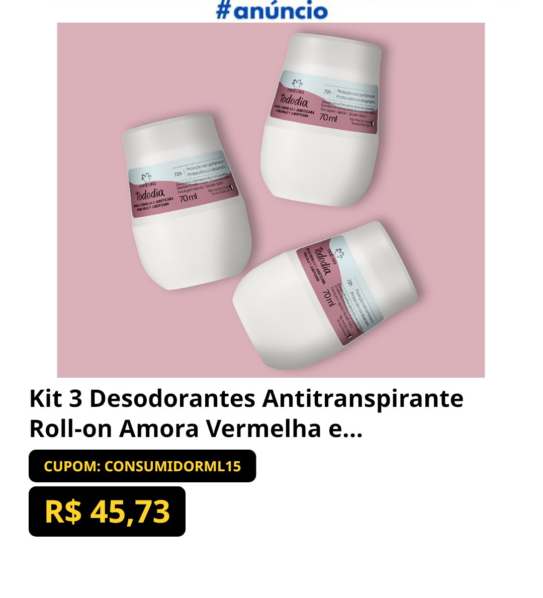 Kit 3 Desodorantes Antitranspirante Roll-on Amora Vermelha e Jabuticaba