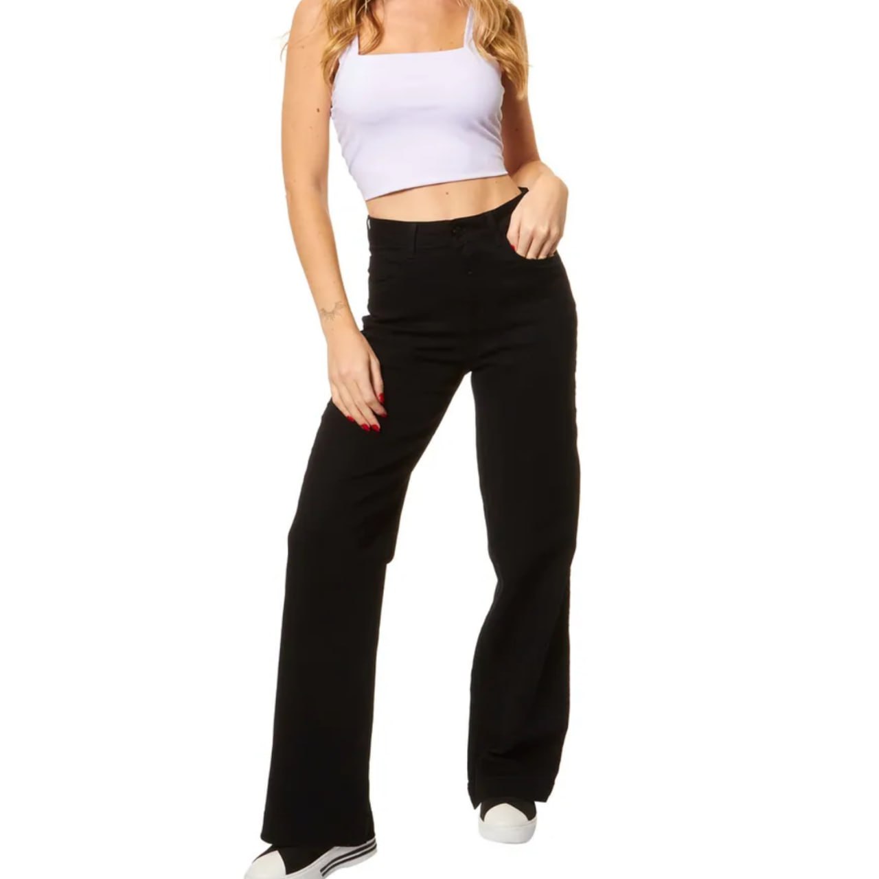 Calça Sarja Feminina Wide Leg Cintura Alta Preto