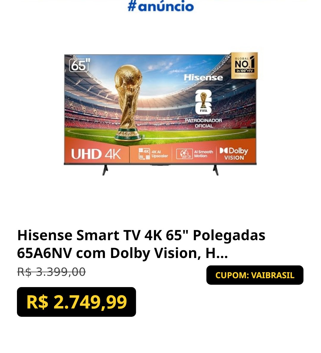 Hisense Smart TV 4K 65" Polegadas 65A6NV