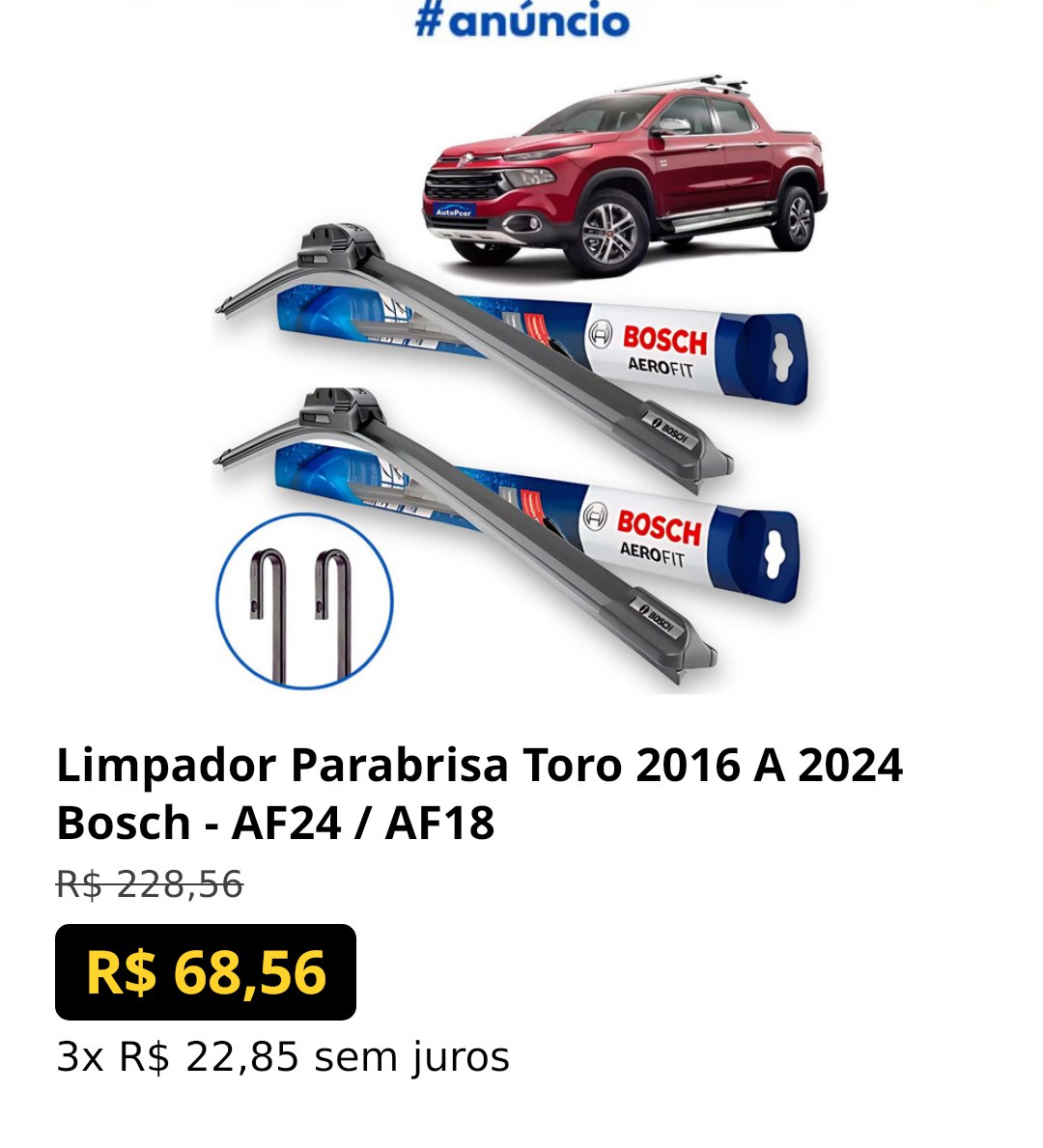Limpador Parabrisa Toro 2016 A 2024 Bosch - AF24 / AF18