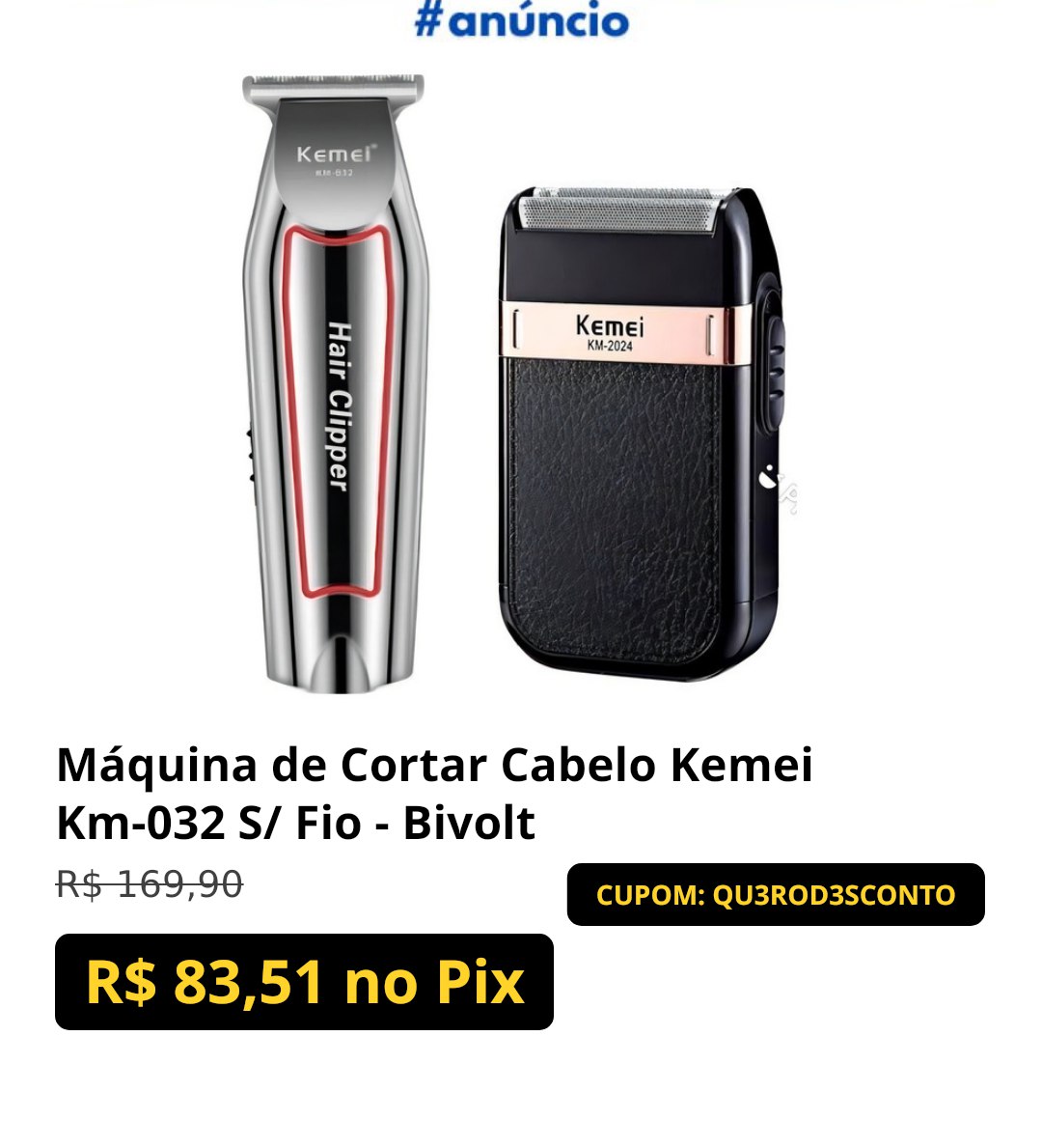Máquina de Cortar Cabelo Kemei Km-032 S/ Fio - Bivolt
