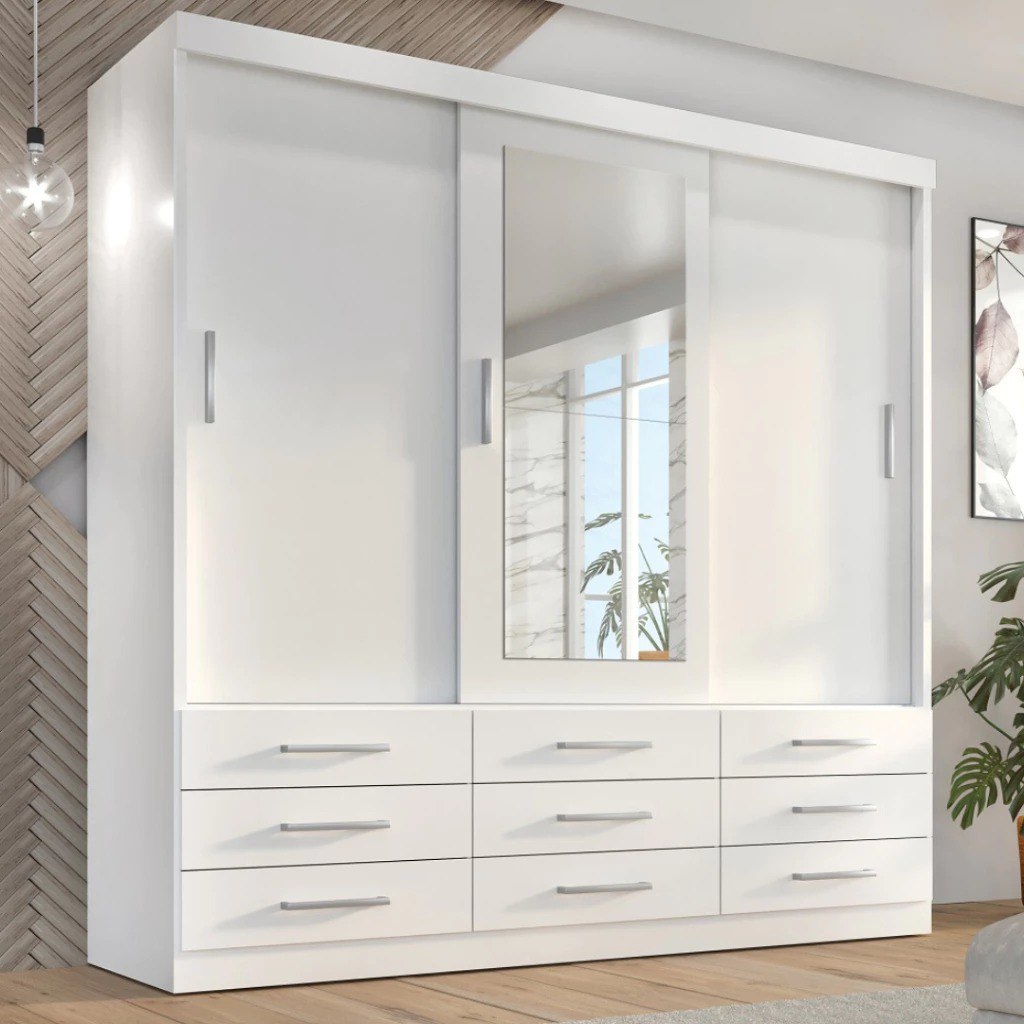 Guarda Roupa Casal Capri 3 Portas Correr 9 Gavetas Com Espelho