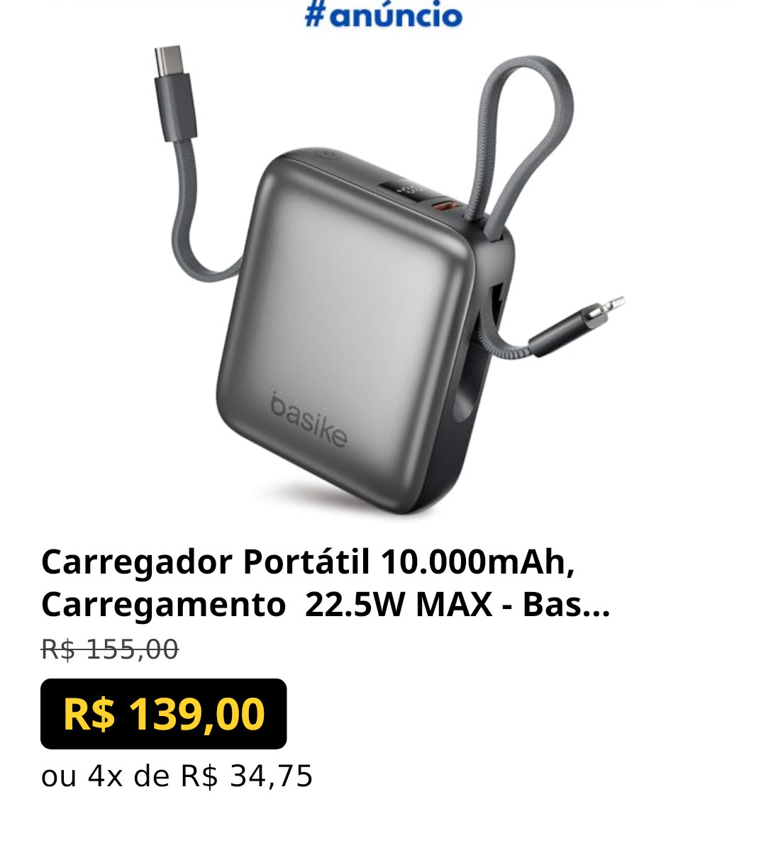 Carregador Portátil 10.000mAh, Carregamento 22.5W MAX - Basike